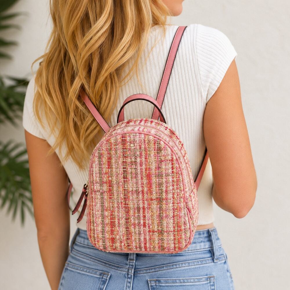 KATE‎ SPADE | Pink Tan White Tweed Boucle Plaid Mini Backpack Bag Top Handle